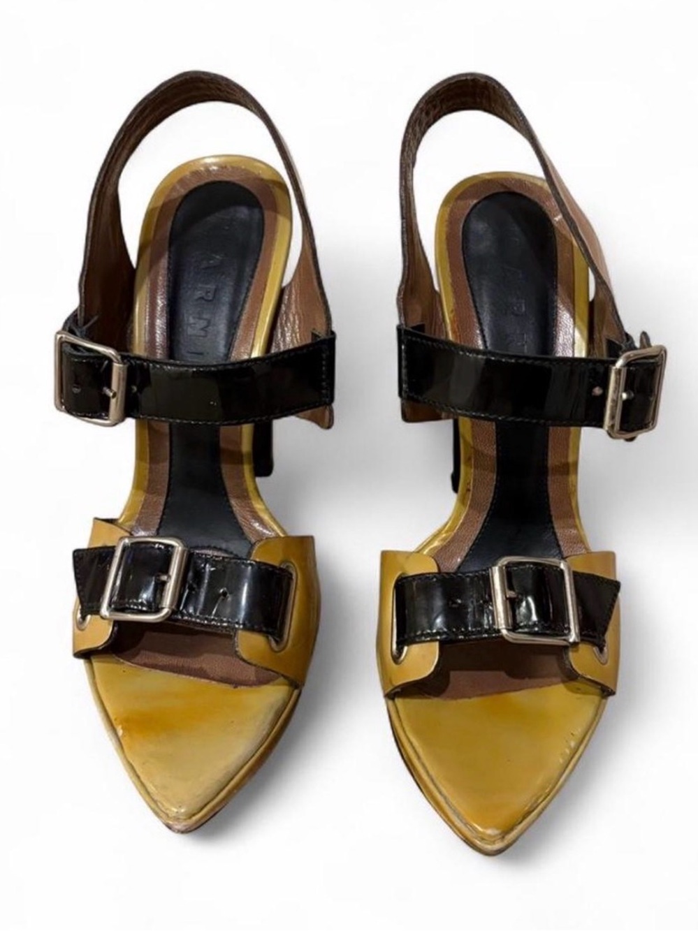 Marni Brown Yellow Ochre Black Patent Leather Platform Heels Buckles Sz 36/US 6 - Picture 5 of 11